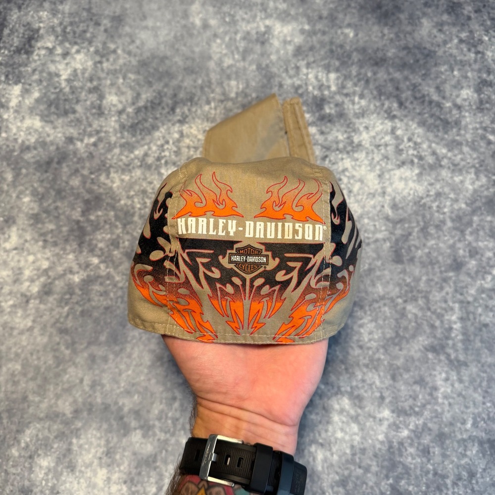 VTG Harley-Davidson Headwrap Do-Rag Skull Cap Tan Tribal Flame Bar & Shield Y2K